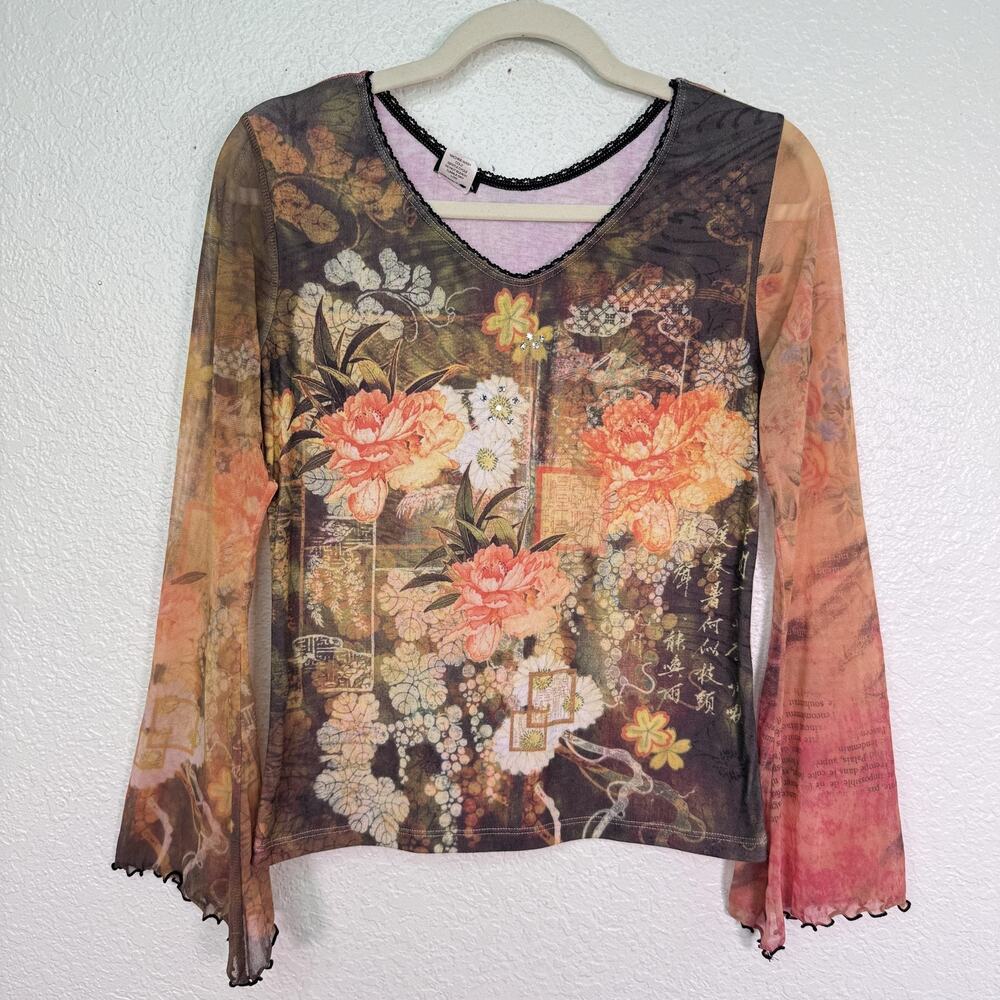 Yukiko Top Womens Medium Y2K Sheer Mesh Floral Bell Sleeve Rhinestone Boho Artsy